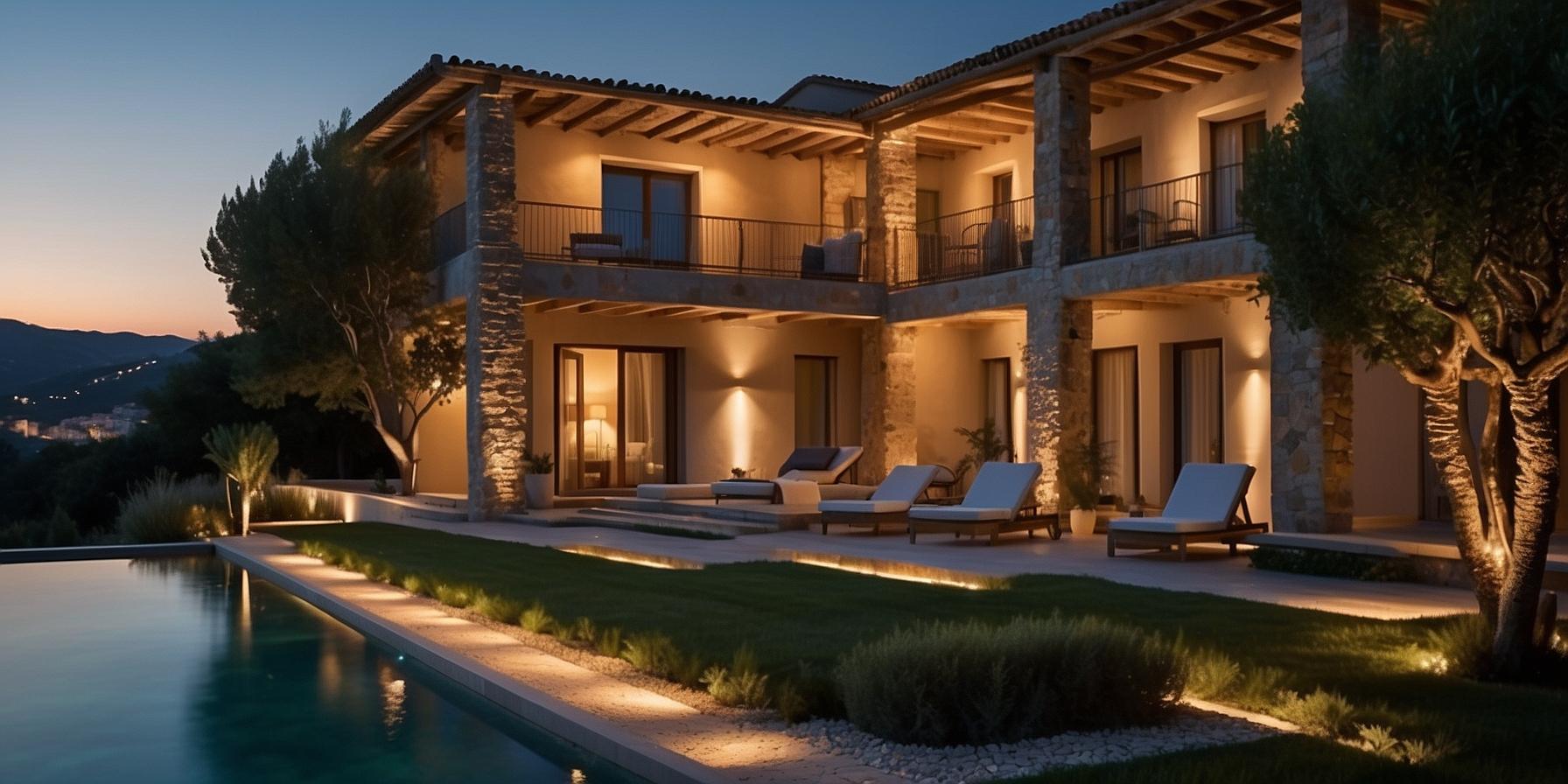 Outdoor lighting options for Corsican villas, highlighting security, ambiance, and aesthetic appeal in Porto-Vecchio