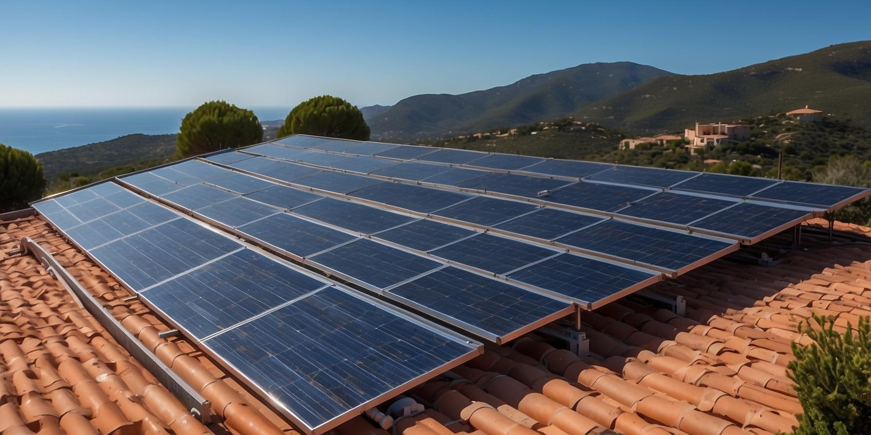 Chauffe-eau solaire en Corse : Installation sur toit avec vue panoramique sur le paysage insulaire, solution durable et efficace pour le chauffage de l'eau.