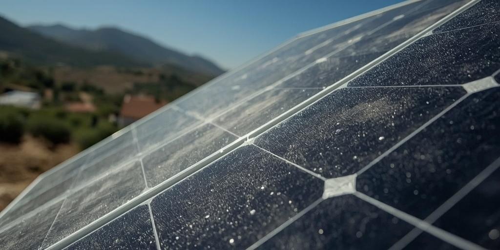 Comparison of a dusty and clean solar panel, showing the effect of dirt on energy production.