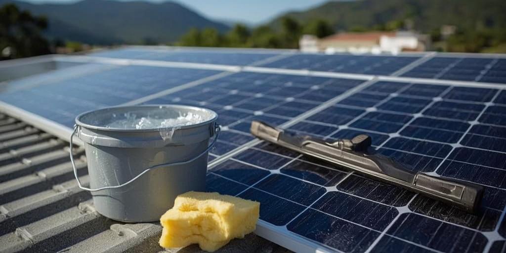 Essential tools for cleaning solar panels: bucket, soapy water, sponge, and squeegee.