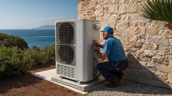 Un technicien effectuant l’entretien d’une unité extérieure de climatisation dans un environnement côtier en Corse, adapté aux contraintes de corrosion dues au sel.